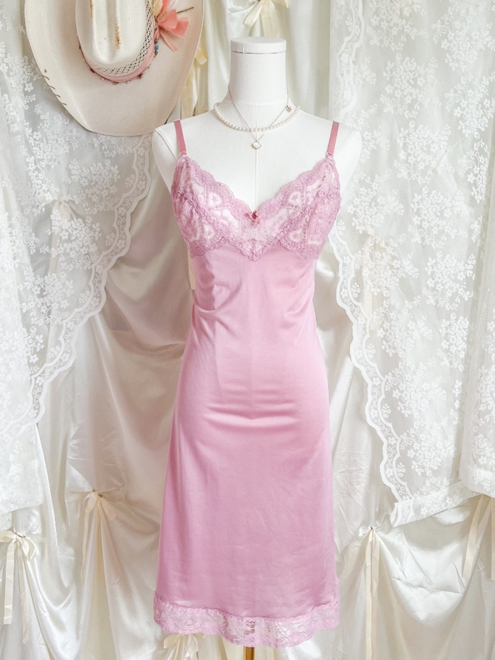 Vintage Pink Lace Slip Dress | Romantic Fairycore Lingerie Midi
